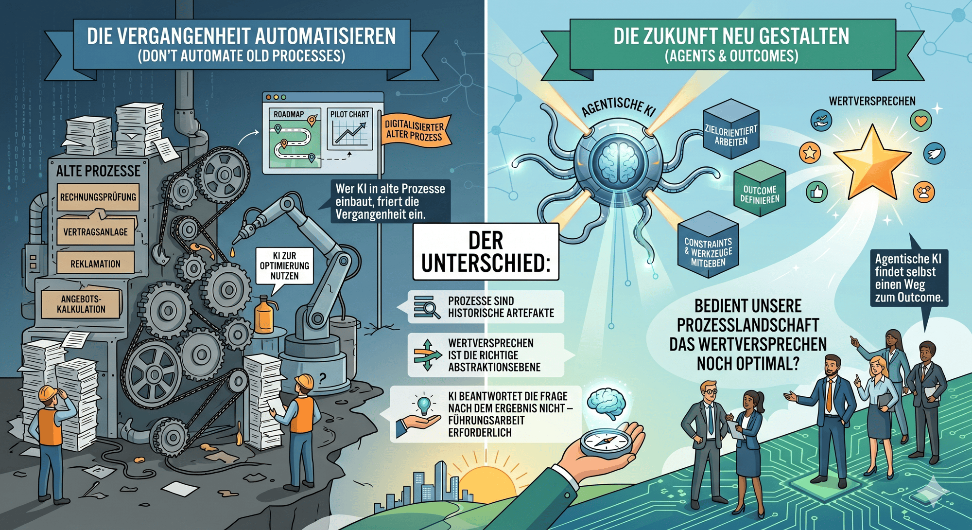 Zweigeteilte Illustration: Links „Die Vergangenheit automatisieren